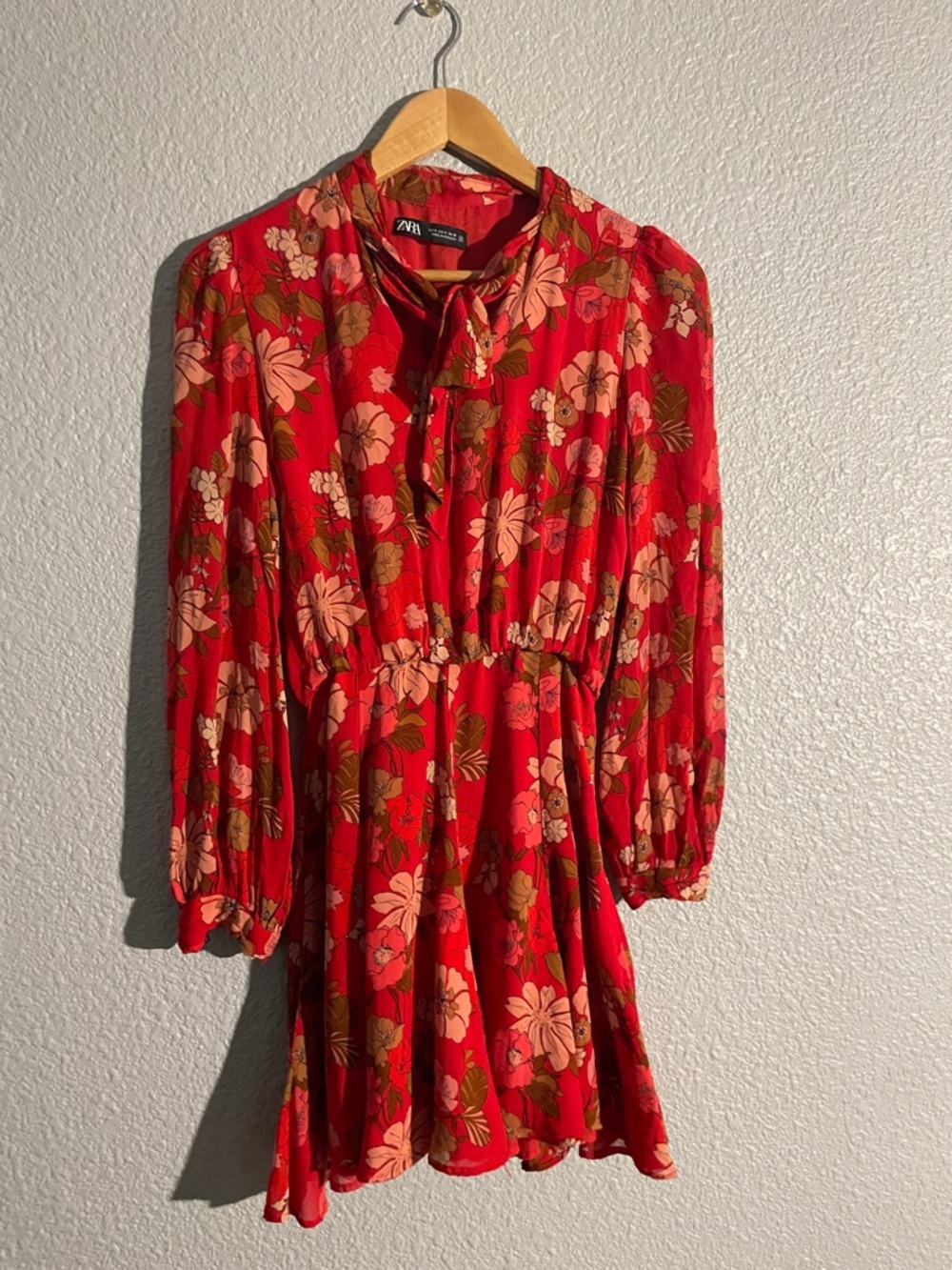 Zara Red Floral Long-Sleeve Tie-Neck Mini Dress with Pink & Green Accents